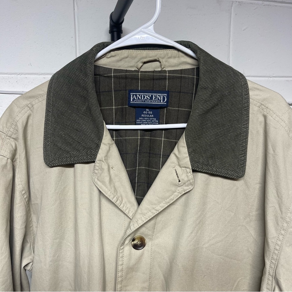 Lands’ End Tan Field Jacket Coat Corduroy Collar Plaid Lined Men’s XL 46–48 - Picture 3 of 12